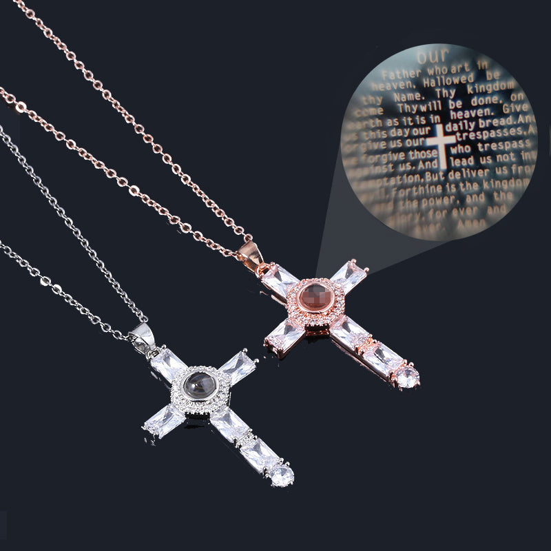 Fashion Cross Father Pray Projection Crystal Necklace