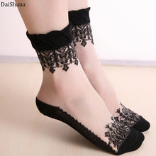Load image into Gallery viewer, 3pair Lace Embroidery Silk Transparent Glass Crytal Stretch Women Socks
