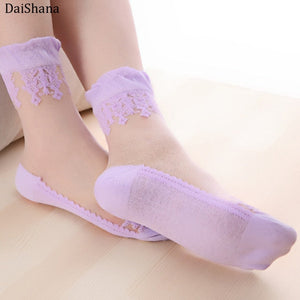 3pair Lace Embroidery Silk Transparent Glass Crytal Stretch Women Socks