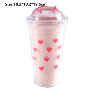Taza de paja de plástico de doble capa taza de café de leche portátil chica botella de agua de bebida de verano bebida fría taza de jugo utensilios de cocina