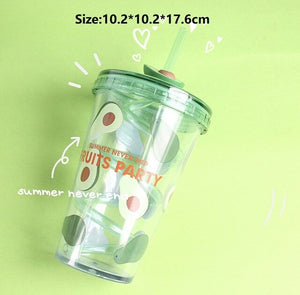 Taza de paja de plástico de doble capa taza de café de leche portátil chica botella de agua de bebida de verano bebida fría taza de jugo utensilios de cocina
