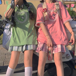 Camiseta de encaje con estampado de cerezas de calle de verano Harajuku estilo japonés chicas lindas y dulces