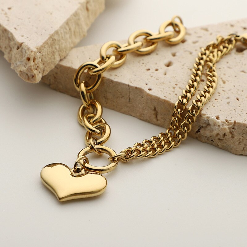 Pulsera de cadena de acero inoxidable con corazón de amor chapado en oro de 14 quilates