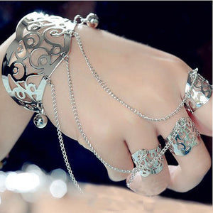 Pulsera esclava de borla multicapa, brazalete, anillo de dedo, arnés, cadena de mano, joyería